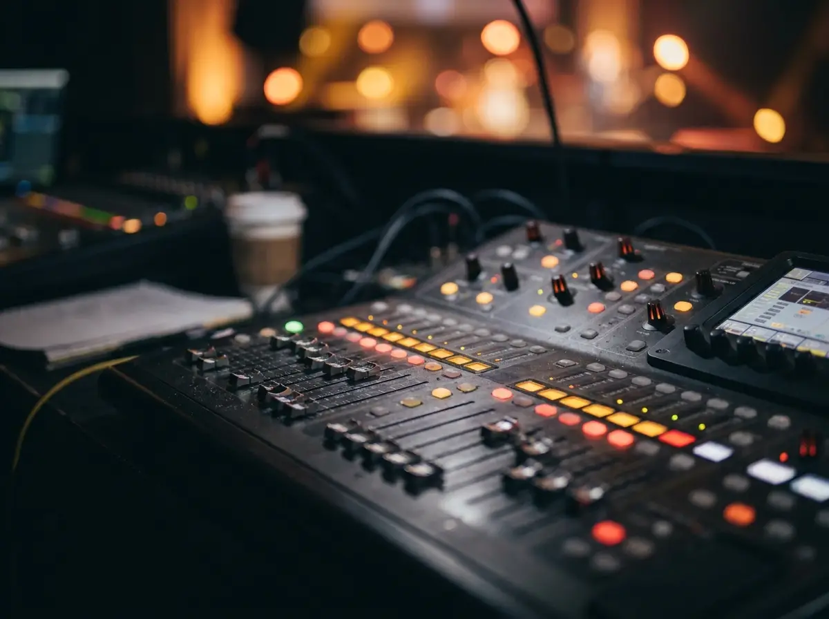 Consola de control de sonido e iluminación en un evento