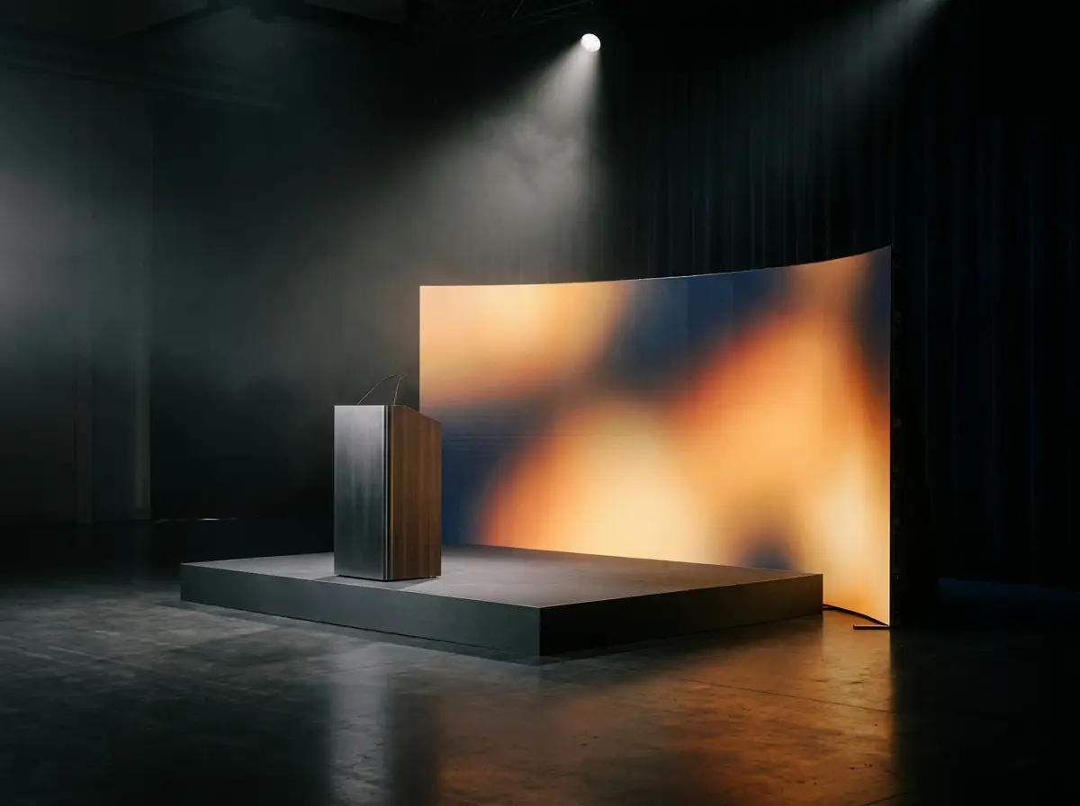 Escenario corporativo con pantalla LED y atril