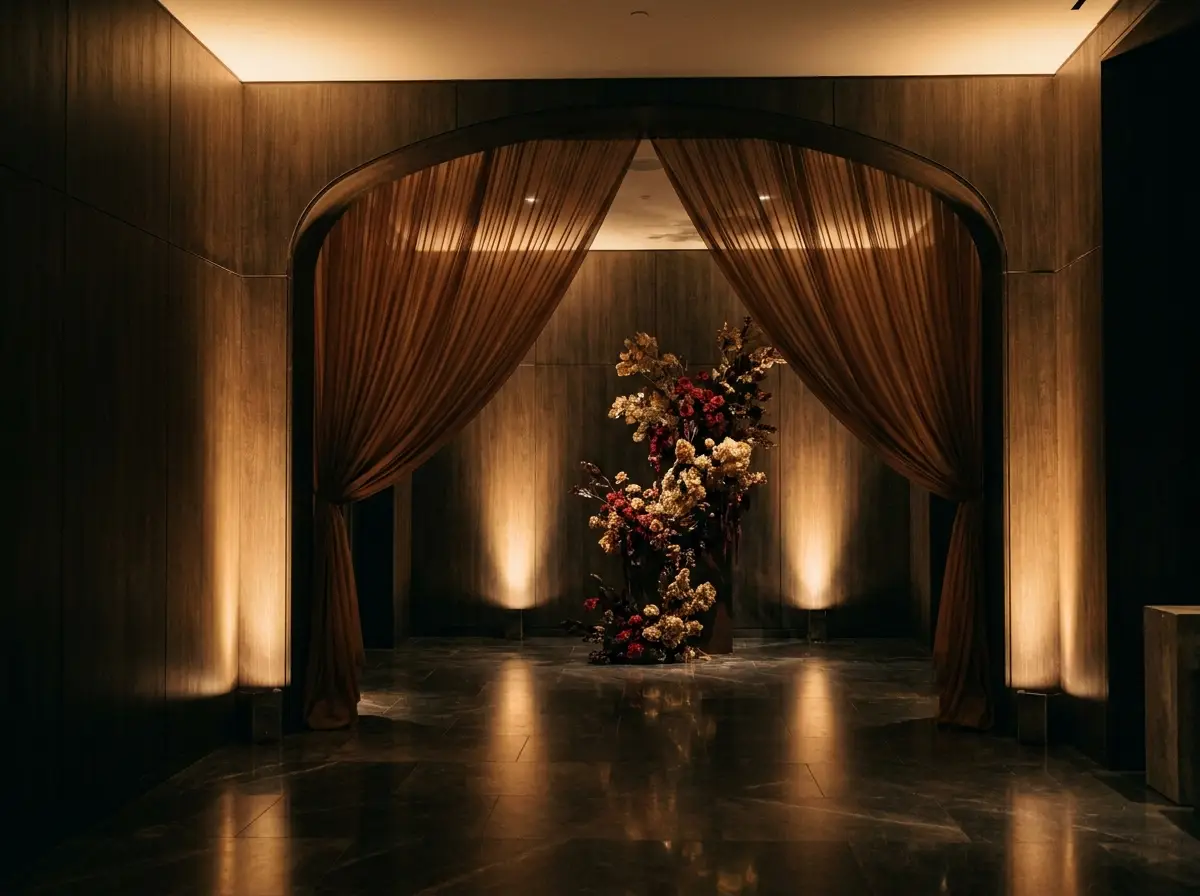 Ambientación de bienvenida en recepción corporativa